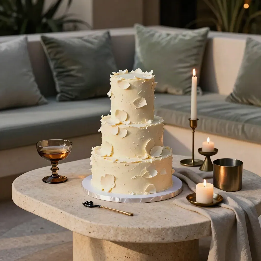 Torta a più piani, coppette fumé, candele perlate e cuscini verde salvia su terrazza elegante.