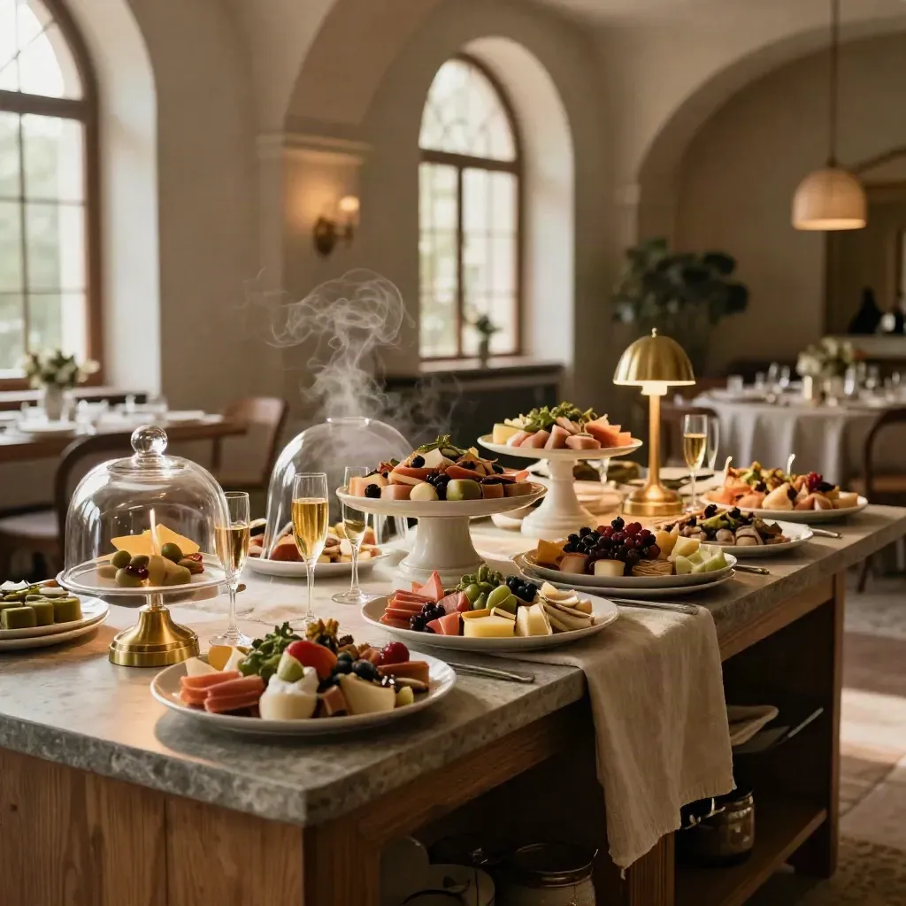 Buffet catering elegante con antipasti, calici e cloches in una sala luminosa