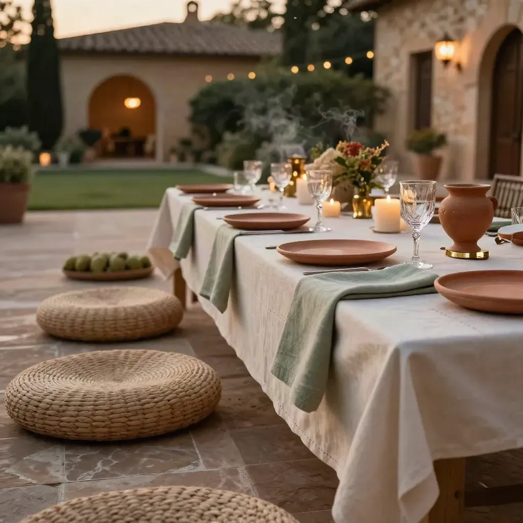 Dettaglio macro di una tavola toscana allestita con lino salvia, terracotta, candele e cuscini lounge al tramonto.