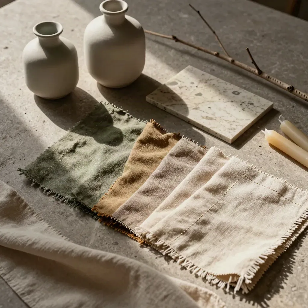Campioni di lino, vasi in ceramica e candele su pietra, luce radente e ombre profonde.