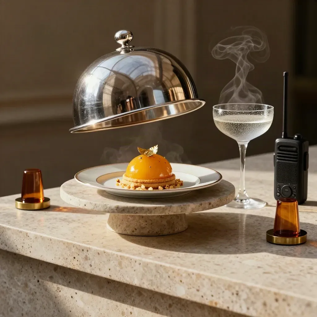 Cloche, coupe e dessert su pietra, con radio discreta e luce calda di servizio