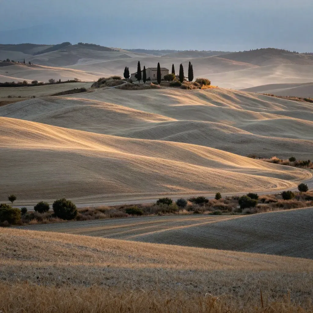 Panorama della Val d’Orcia al tardo pomeriggio, casale sul crinale, cipressi e campi di grano nella foschia dorata.