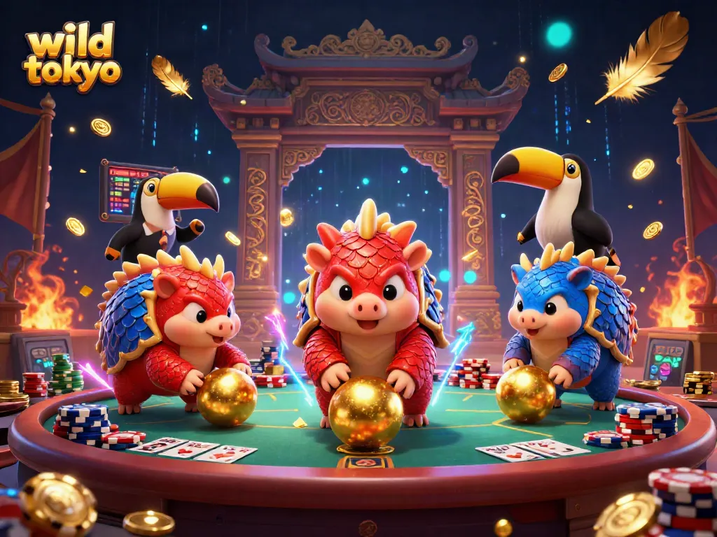 Spin the reels at Wild Tokyo Casino with vibrant pangolins rolling through poker chips.